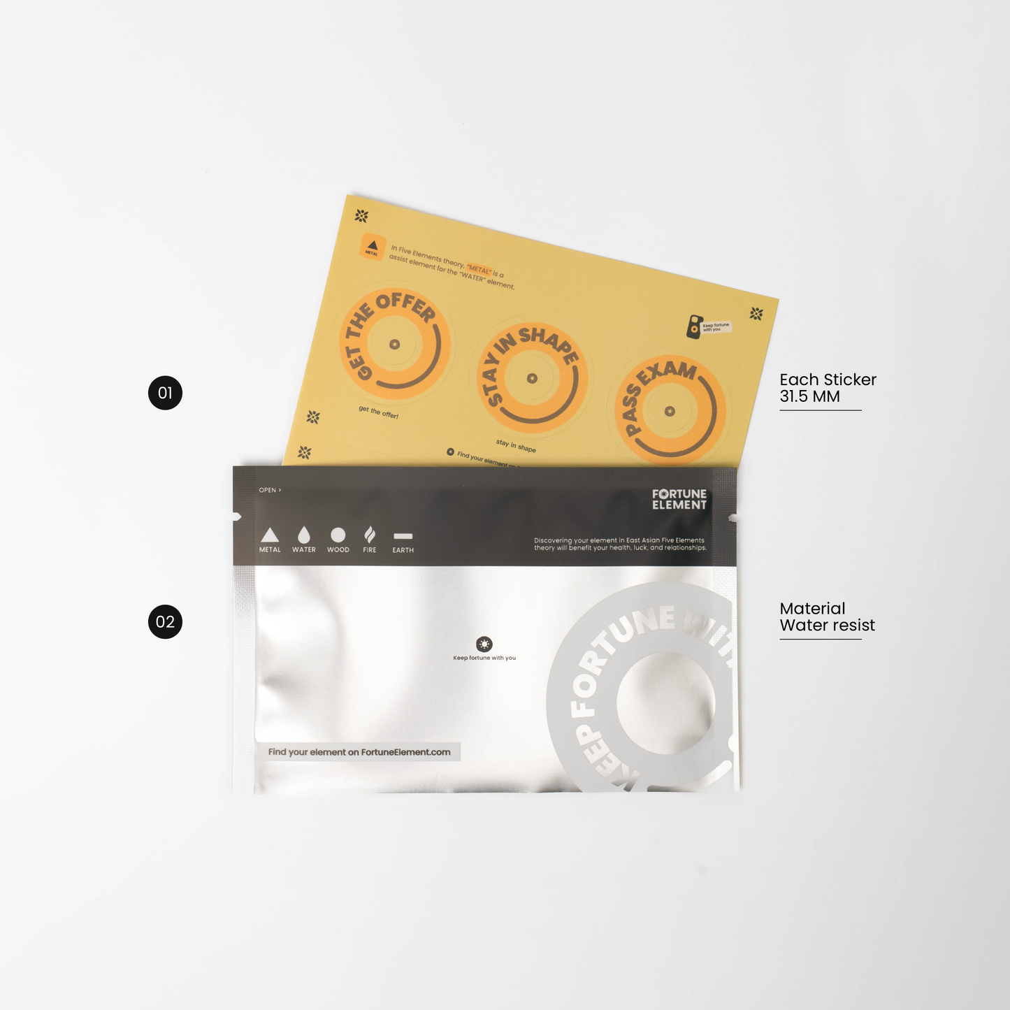 A top view of the sticker set with its packaging