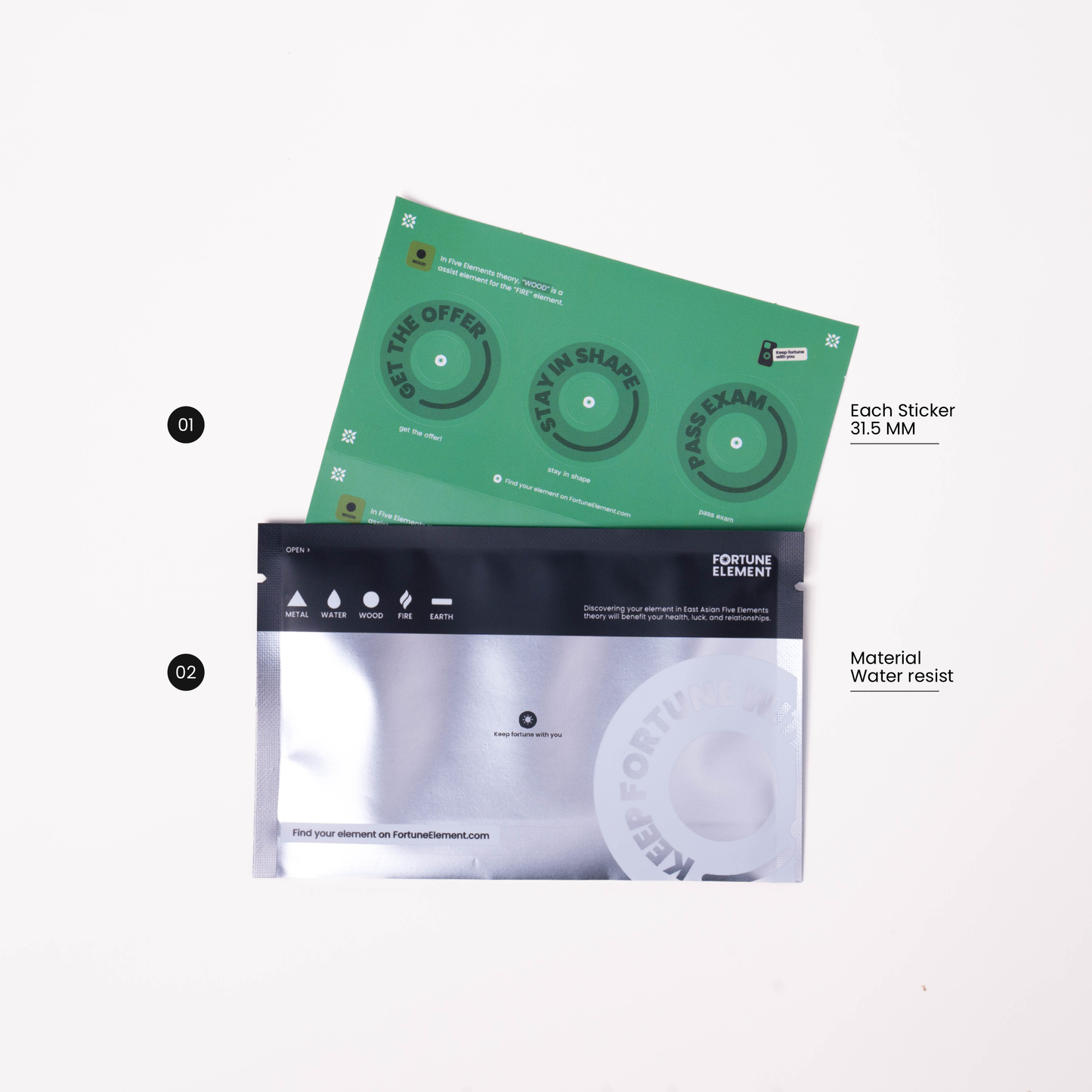 A top view of the sticker set with its packaging