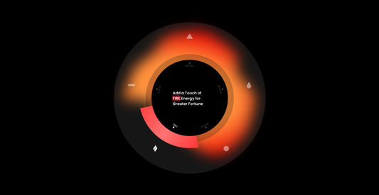 black background, a black circle with shapes representing the Five Elements positioned at five points around the edge. Descriptive text is centered inside the circle, with red as the dominant color,represents fire elements