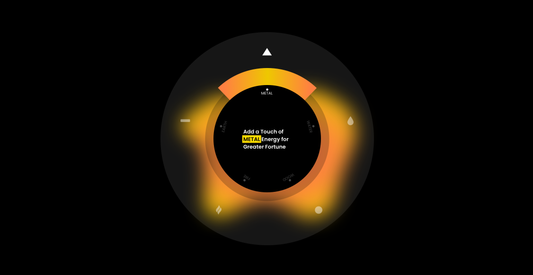 black background, a black circle with shapes representing the Five Elements positioned at five points around the edge. Descriptive text is centered inside the circle, with yellow as the dominant color,represents metal elements
