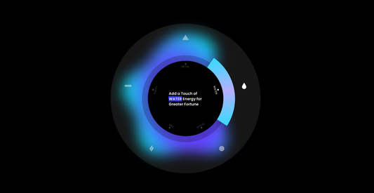 black background, a black circle with shapes representing the Five Elements positioned at five points around the edge. Descriptive text is centered inside the circle, with blue as the dominant color,represents water elements