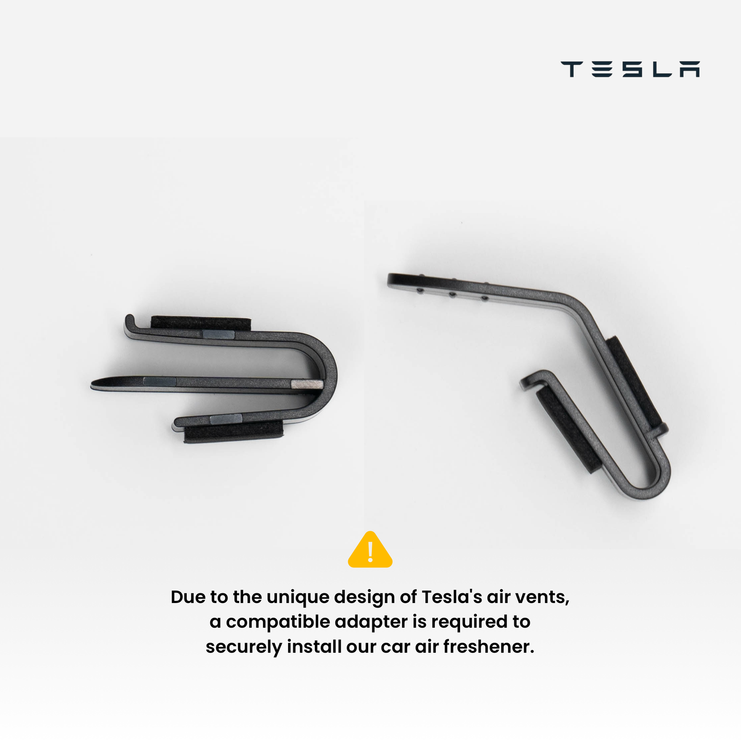 A top flat view of two adapters for Tesla air vents, with labeled descriptions detailing their usage