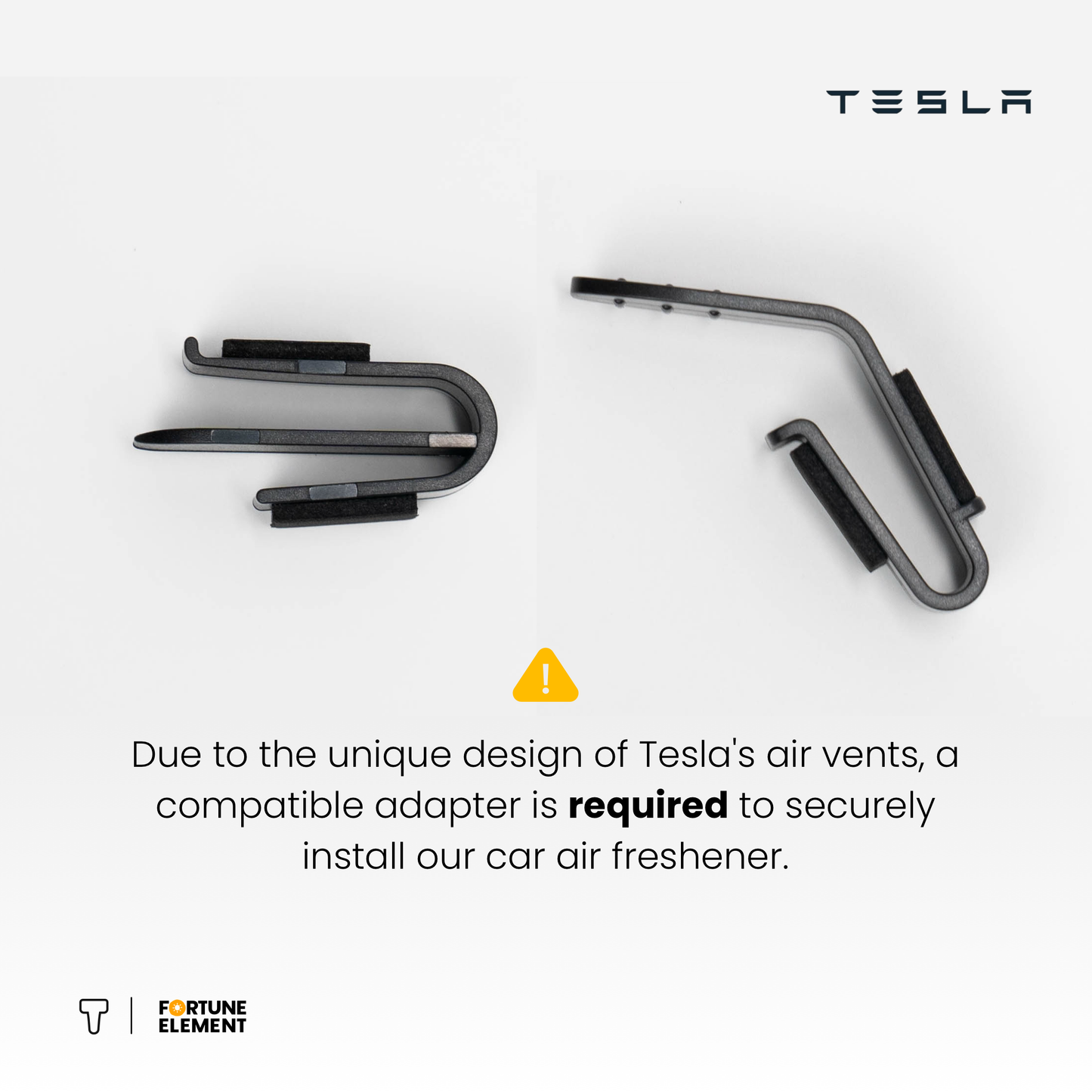 A top flat view of two adapters for Tesla air vents, with labeled descriptions detailing their usage