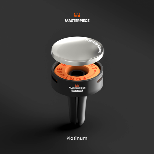 Front view of a platinum and carbon fiber car diffuser, featuring a minimalist fusion of pure platinum on the upper section and carbon fiber material on the lower section, set against a clean white background.

