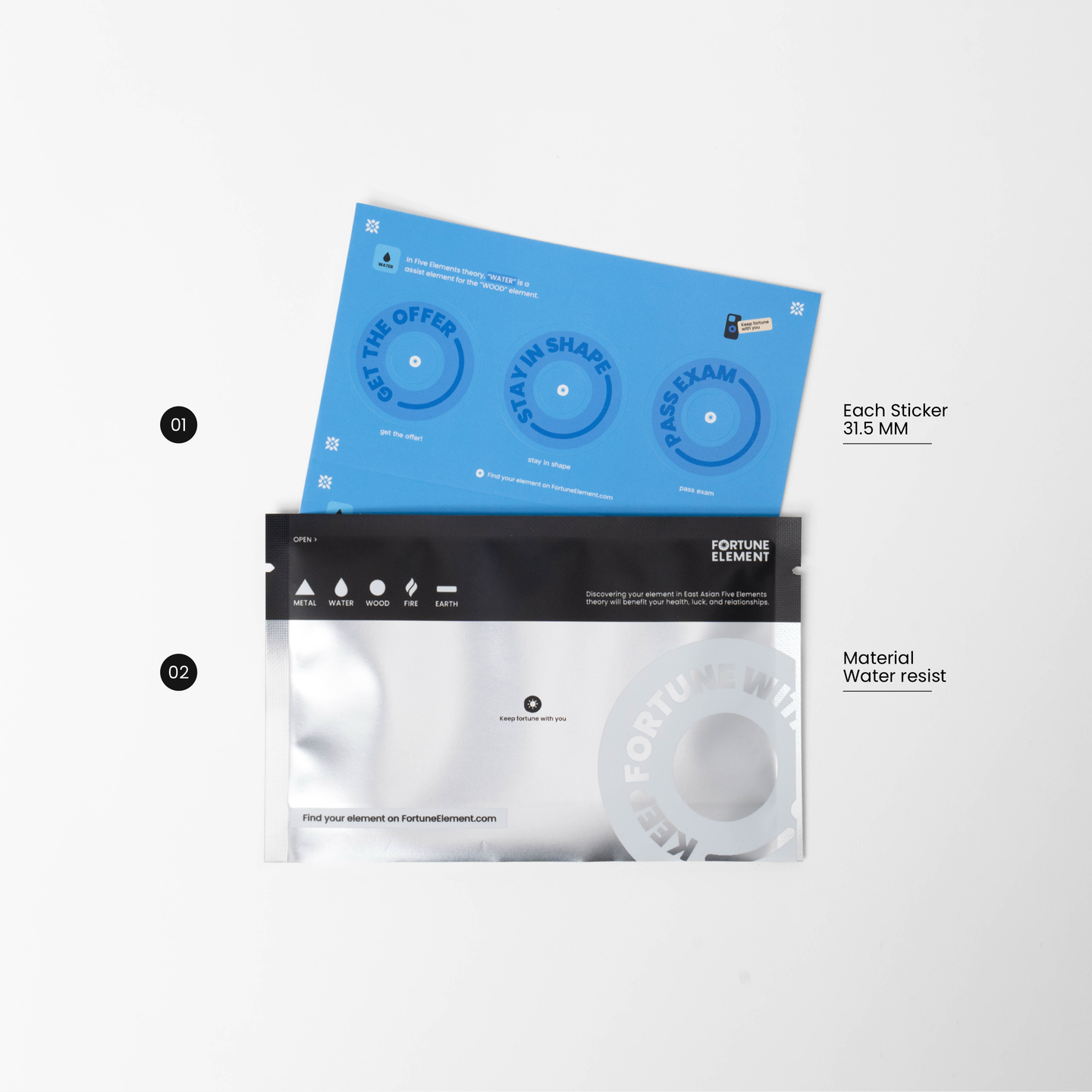 A top view of the sticker set with its packaging